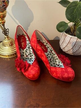 Ruby Shoo Women's Red Floral Heels with Decorative Flower